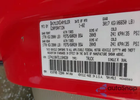 2002 Dodge Ram 1500 из США, поврежденный, VIN 1D7HU18N72J184630